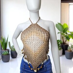 Handmade Crochet Halter Top with Beaded Hem – Earthy Gradient‎ Festival Style